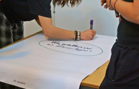 Auf ein Metaplanpapier schreibt jemand "Wie gestalte ich ein inklusives Angebot?"